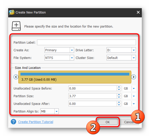 Установка параметров для нового раздела в программе MiniTool Partition Wizard