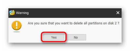 Подтверждение удаления всех разделов на флешке MiniTool Partition Wizard