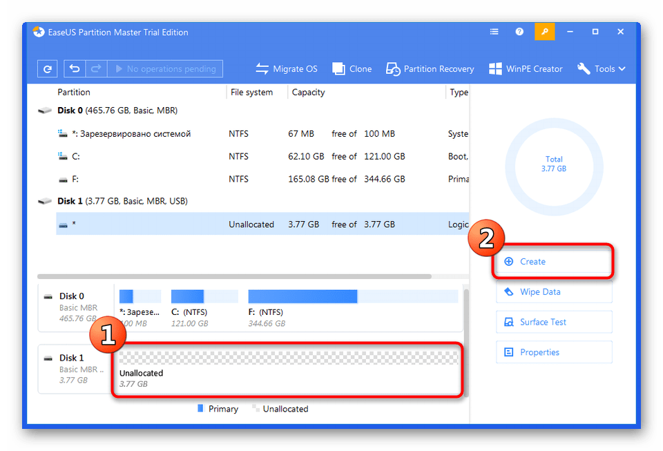 Создание нового раздела на флешке в программе EaseUS Partition Master