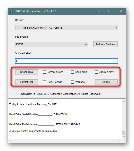 Запуск форматирования в программе HP USB Disk Storage Format Tool