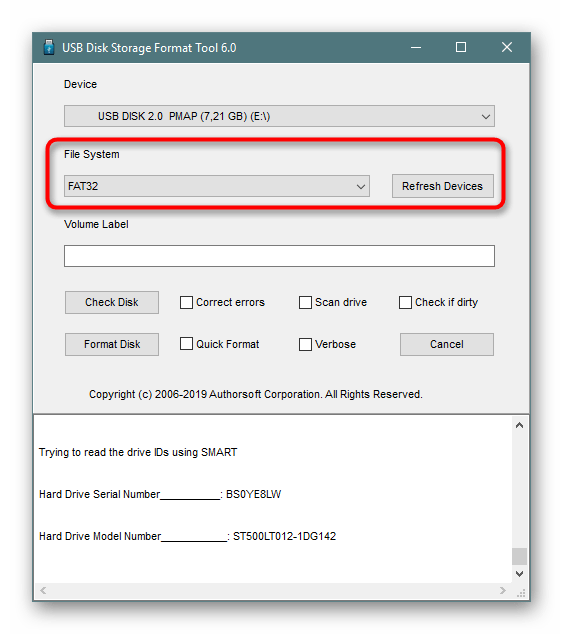 Выбор файловой системы для форматирования в программе HP USB Disk Storage Format Tool