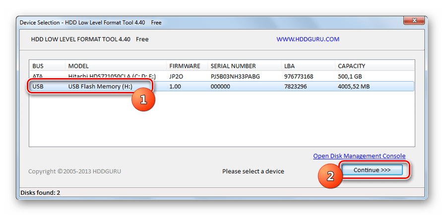 Выбор проблемной флешки в окне утилиты HDD Low Level Format Tool