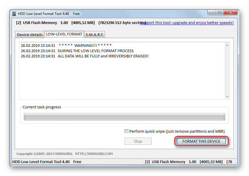 Переход к низкоуровневому форматированию флешки в окне утилиты HDD Low Level Format Tool