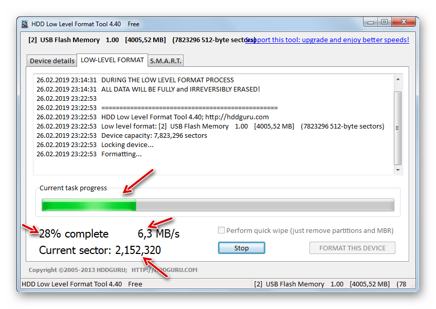 Процедура низкоурвоневого форматирования флешки в окне утилиты HDD Low Level Format Tool