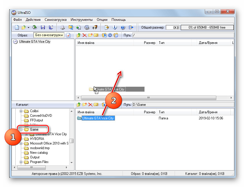 Добавление папки с игрой в образ диска в программе UltraISO