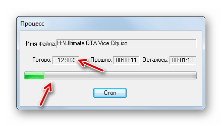 Процедура создания образа диска в окне Процесс в программе UltraISO