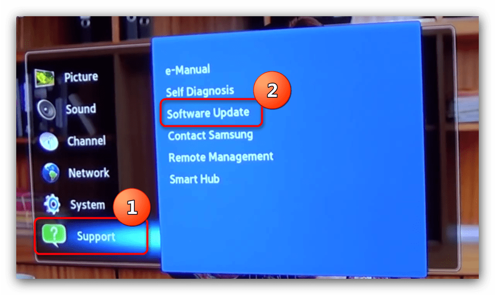 Войти в меню - поддержка телевизора Samsung для обновления с флешки