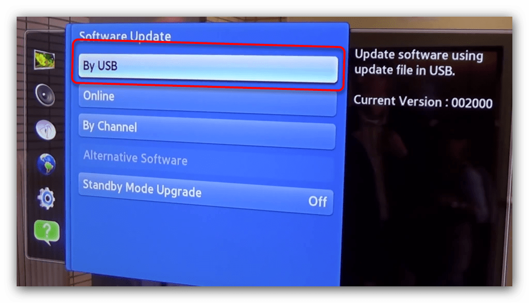Выбрать в меню поддержки обновления с флешки телевизора Samsung