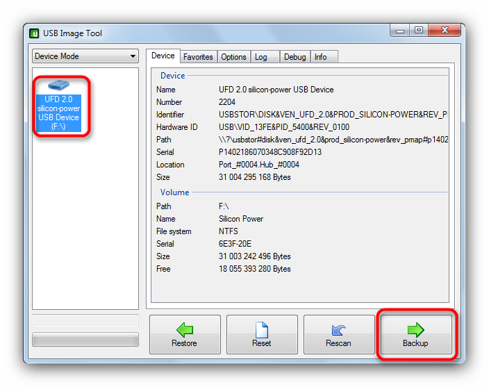 Выбрать бэкап в USB Image Tool для старта процесса клонирования загрузочной флешки