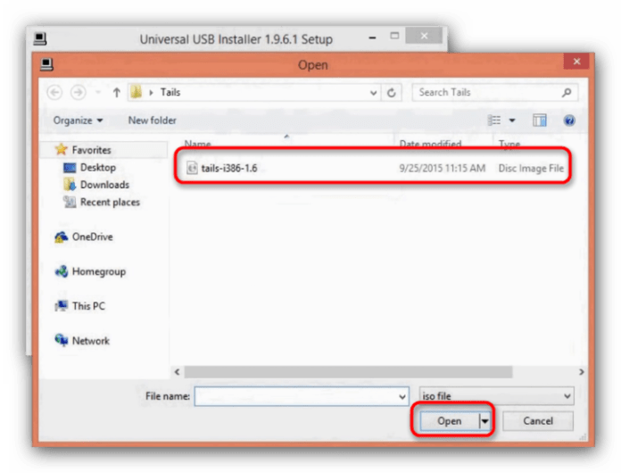 Выбор образа Tails в Universal USB Installer через окно проводника