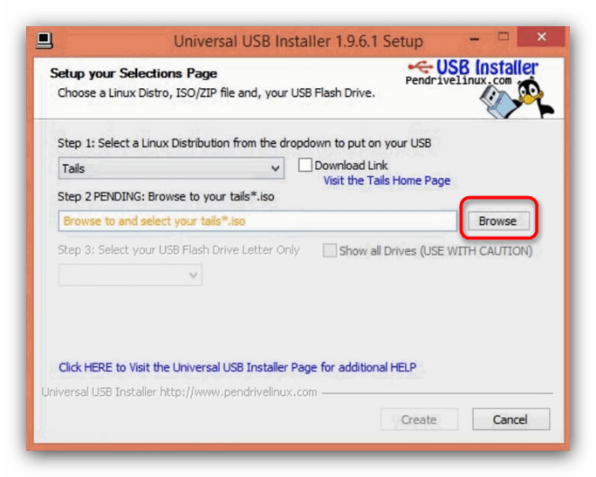 Выбрать образ Tails в Universal USB Installer