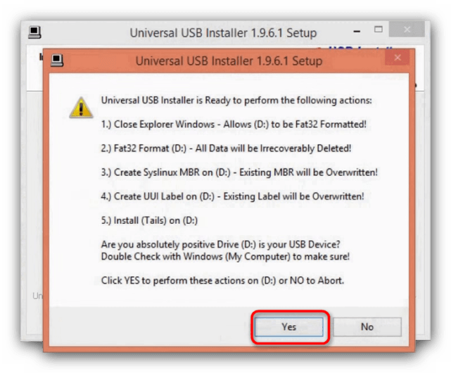 Подтвердить старт записи в Universal USB Installer