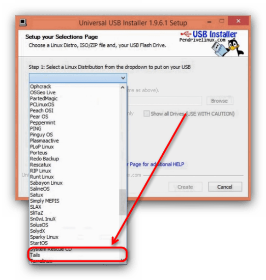 выбор системы Tails в Universal USB Installer