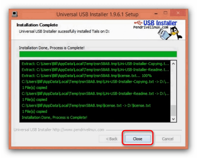 Закрываем Universal USB Installer после успешной записи образа Tails