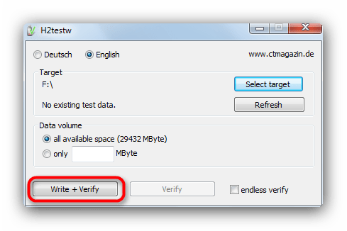 Начать проверку ёмкости флешки в H2testw