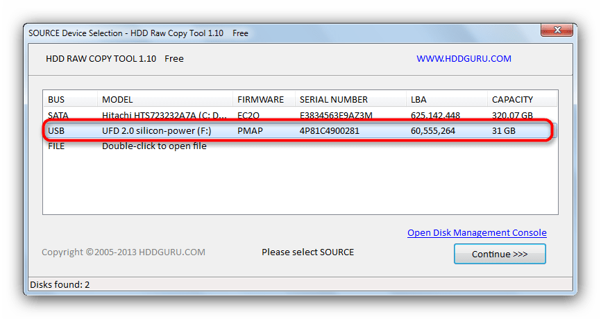 Выбор флешки-источника в HDD Raw Copy Tools для решения проблемы с вводом-выводом информации на флешке