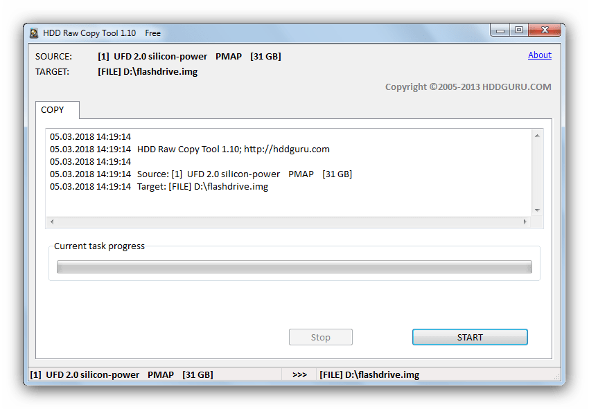 Запустить процесс сохранения образа HDD Raw Copy Tools для решения проблемы с вводом-выводом информации на флешке