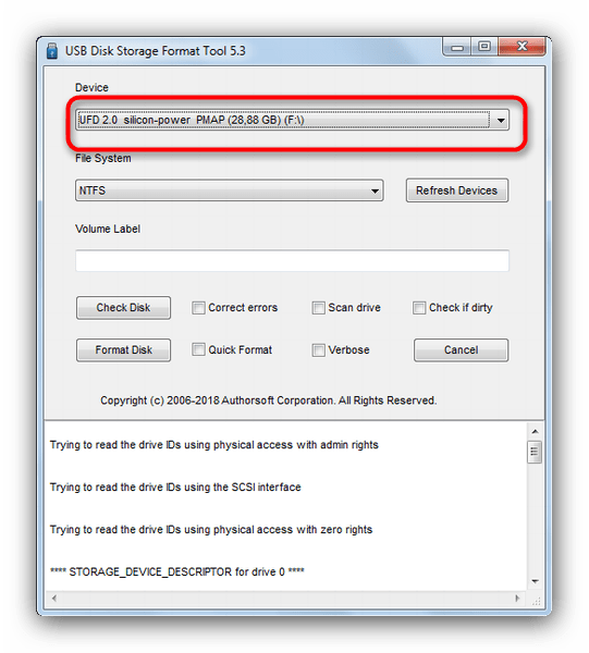 Выбрать возвращемую флешку в USB Disk Storage Format Tool 5-3