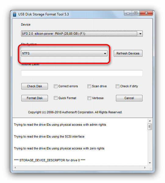 Выбрать файловую систему флешки в USB Disk Storage Format Tool 5-3