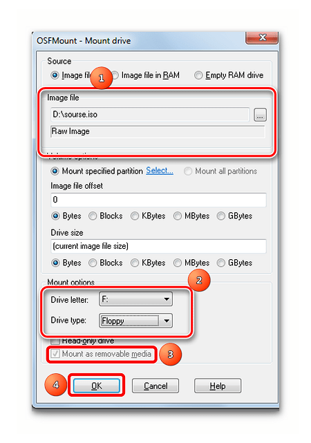 Параметры для создания в Virtual Flash Drive