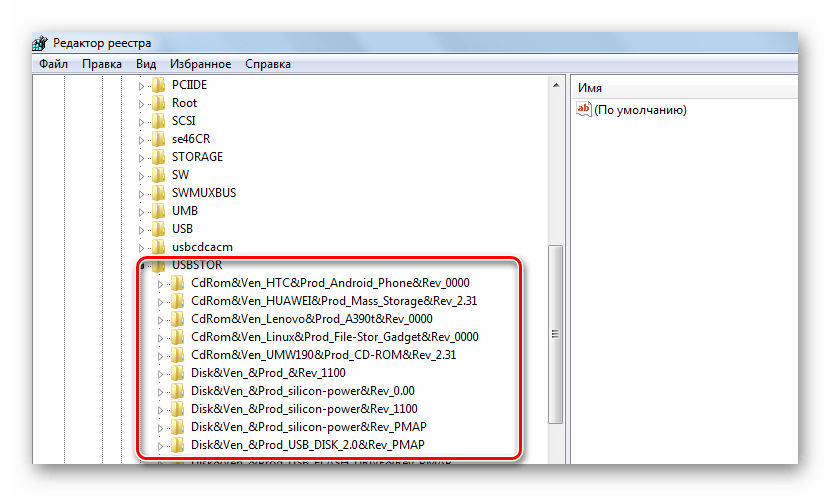 Данные об устройствах USB в реестре