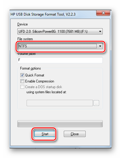 Окно HP USB Disk Storage Format