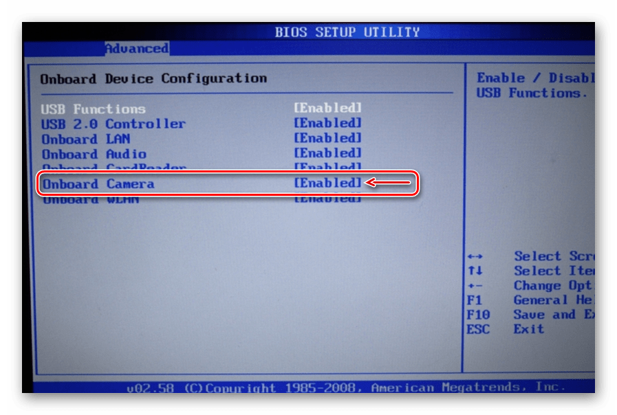 Включение камеры в BIOS