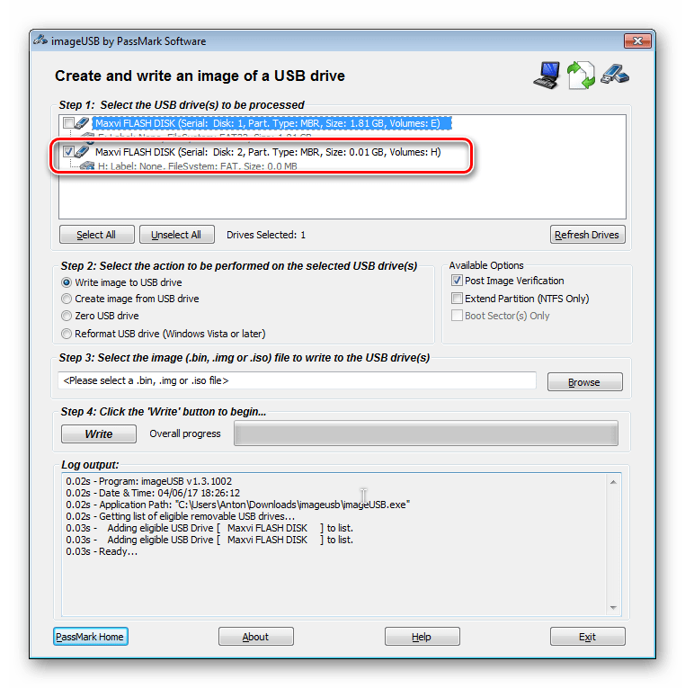 нужный накопитель в окно сохранения образа в Pass Mark Image USB