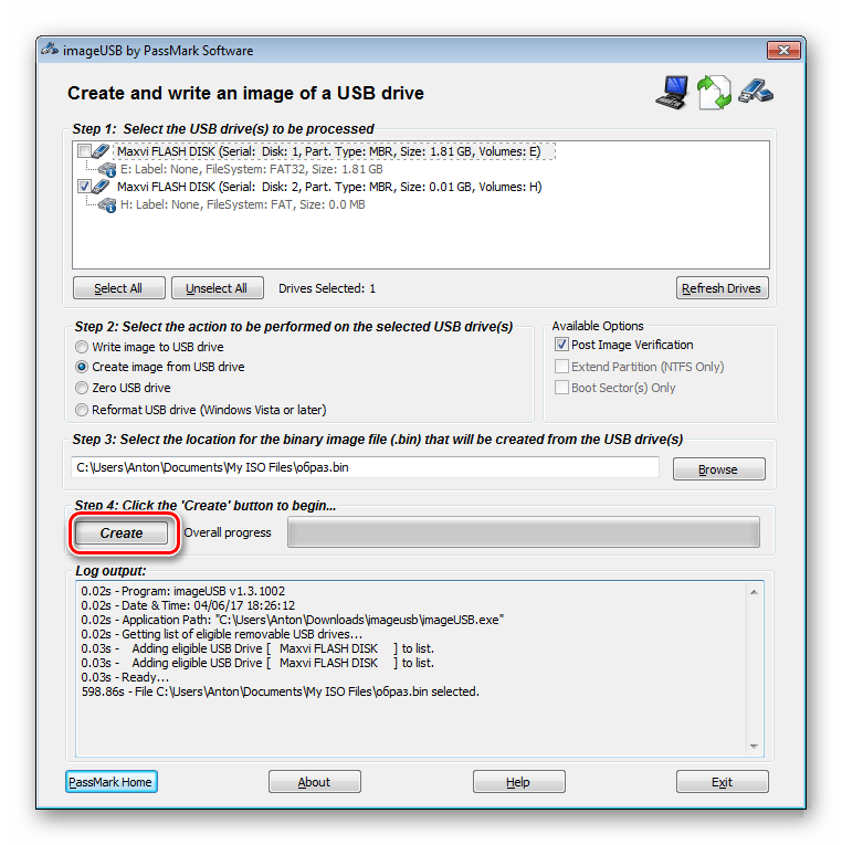 кнопка create в Pass Mark Image USB