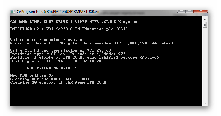 Процесс подготовки флешки в утилите RMPrepUSB