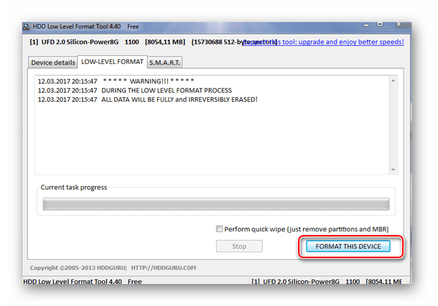 кнопка форматирования в HDD Low Level Format