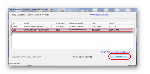 выбор флешки в HDD Low Level Format