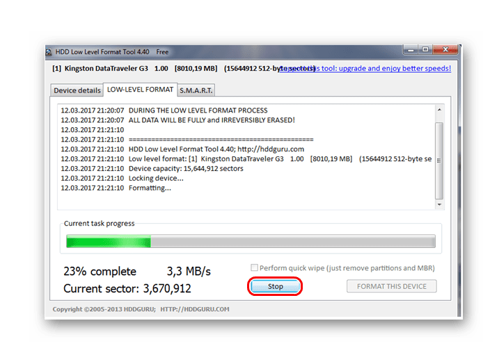 процесс форматирования в HDD Low Level Format