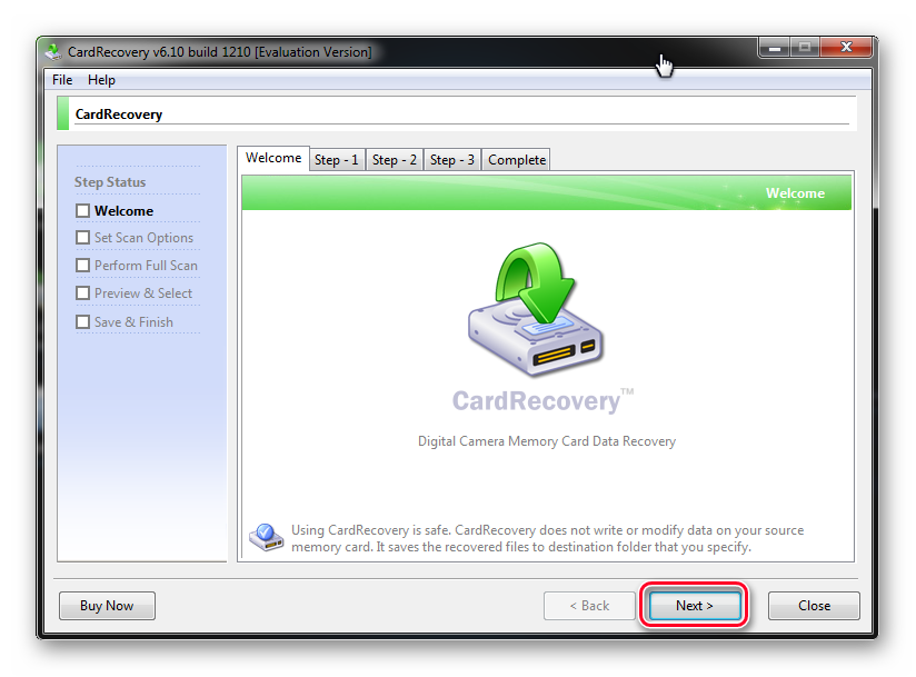 стартовый экран в программе CardRecovery