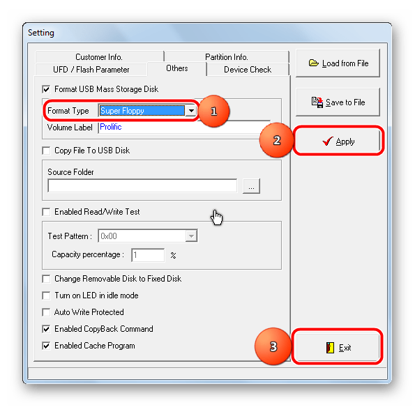 окно настроек MPTool для Prolific PL-2528