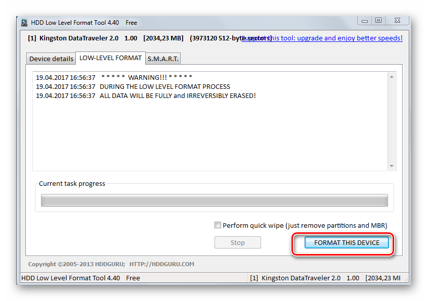 Кнопка FORMAT THIS DEVICE в HDD Low Level Format Tool