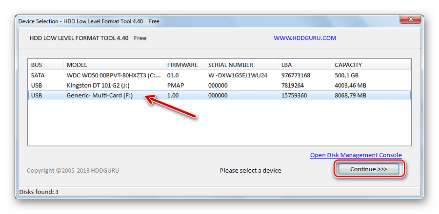 Выбор носителя в HDD Low Level Format Tool