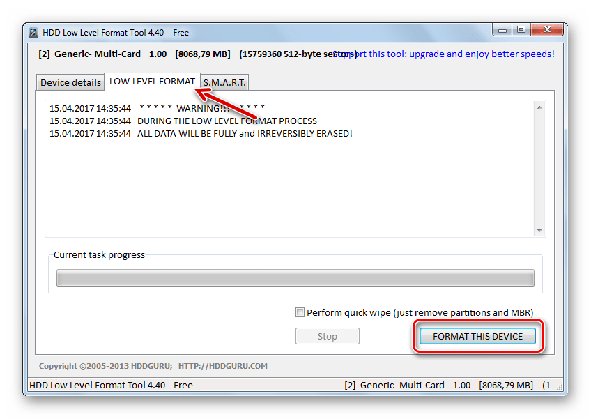 Форматирование в HDD Low Level Format Tool