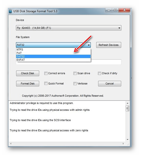 выбор файловой системы HP USB Disk Storage Format Tool