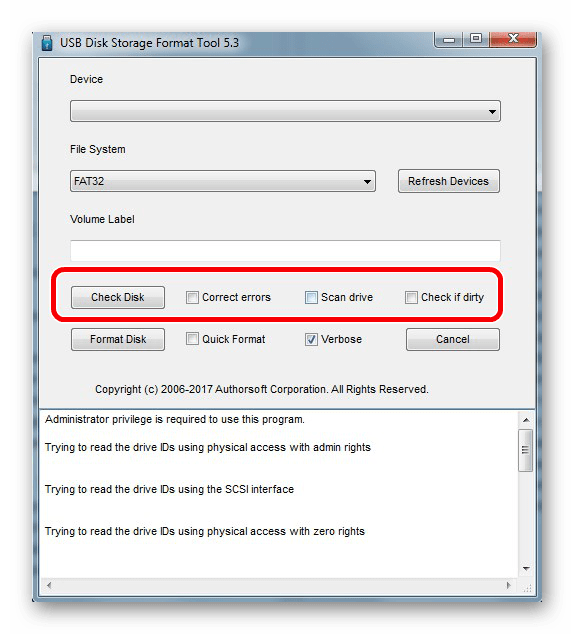 кнопка Check disk HP USB Disk Storage Format Tool