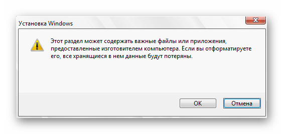 Подтверждение форматирования раздела С во время инсталляции Windows 10