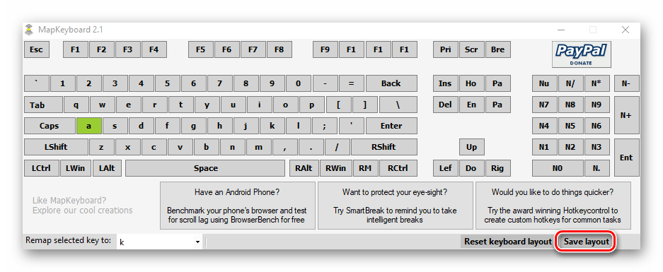 Применение параметров переназначения клавиш в MapKeyboard на Windows 10