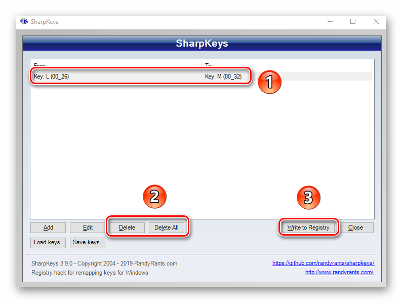 Удаление переназначенных клавиш в программе SharpKeys на Windows 10