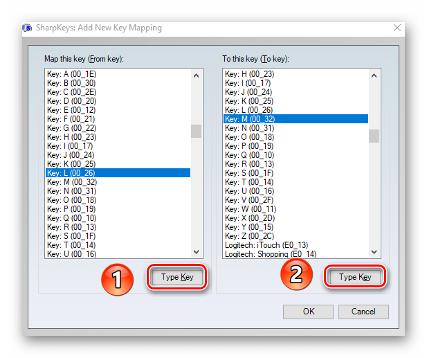 Использования кнопок Type Key для переназначения клавиш в Windows 10