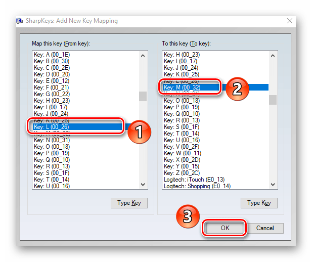 Выбор клавиш для переназначения в программе SharpKeys на Windows 10
