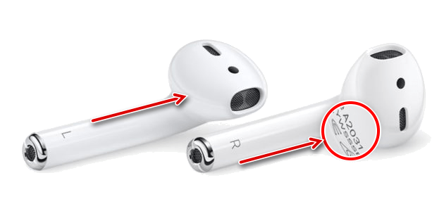 Просмотр номера модели наушников AirPods 1-го и 2-го поколения