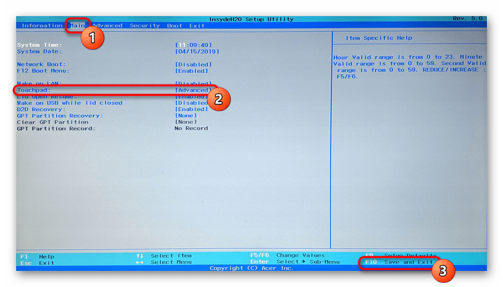 Отключение тачпада ноутбука Acer через BIOS