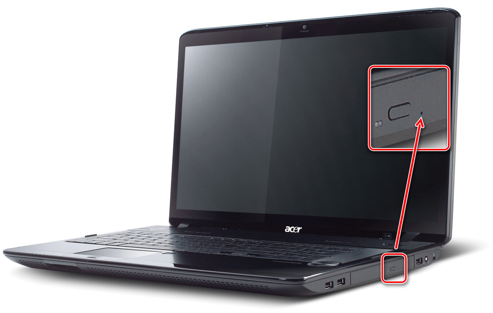 Углубленная кнопка аварийного открытия дисковода у ноутбука Acer в корпусе
