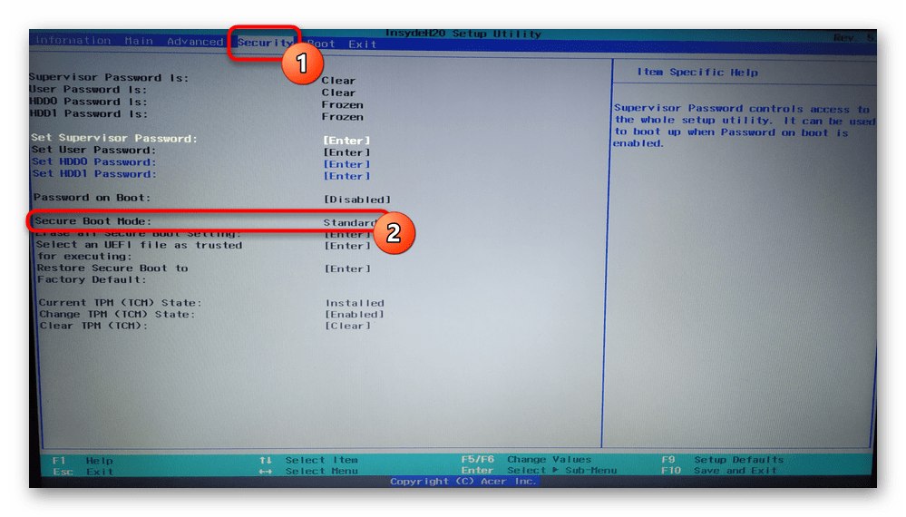 Включение Secure Boot Mode в настройках BIOS ноутбука Acer для устранения ошибки Secure Boot Fail