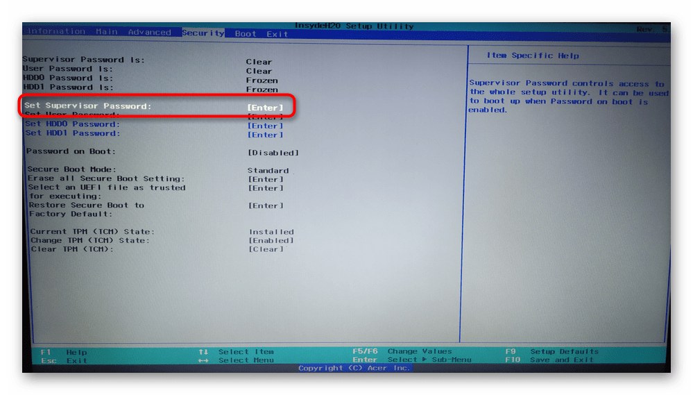 Включение Set Supervisor Password в настройках BIOS ноутбука Acer для устранения ошибки Secure Boot Fail